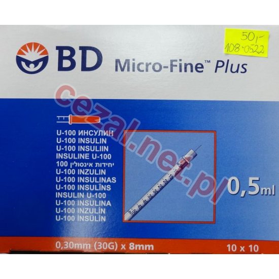 Strzykawka insulinowa 0,5ml U-100 BD Micro-Fine PLUS 30G 0,30x8mm (ID1471) - Kliknij na obrazek aby go zamknąć