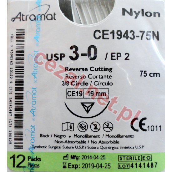 Nici chirurgiczne niewchłanialne ATRAMAT -NYLON 3 -0 /75 CM (ID2128) - Kliknij na obrazek aby go zamknąć